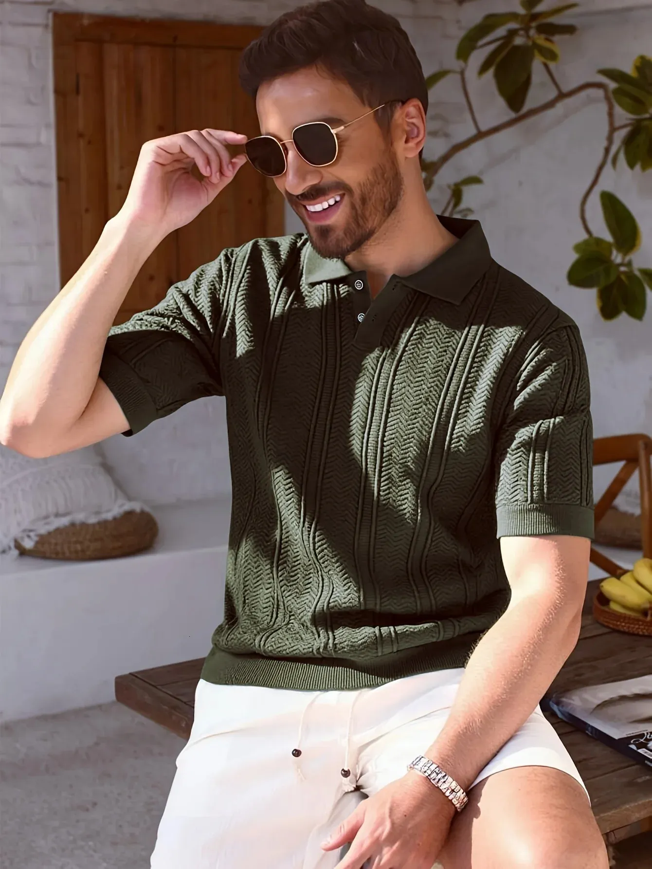 2026 Knitted Polo Shirt Twisted Knit Texture Mens From