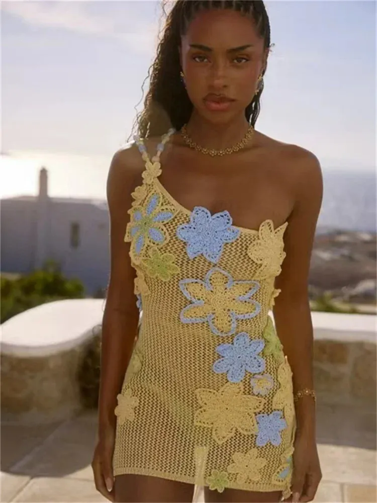 Weird Puss Crochet Flower Patchwork Mini Dress Women... From Sereinstore, Rs.3,973.95 In Bulk