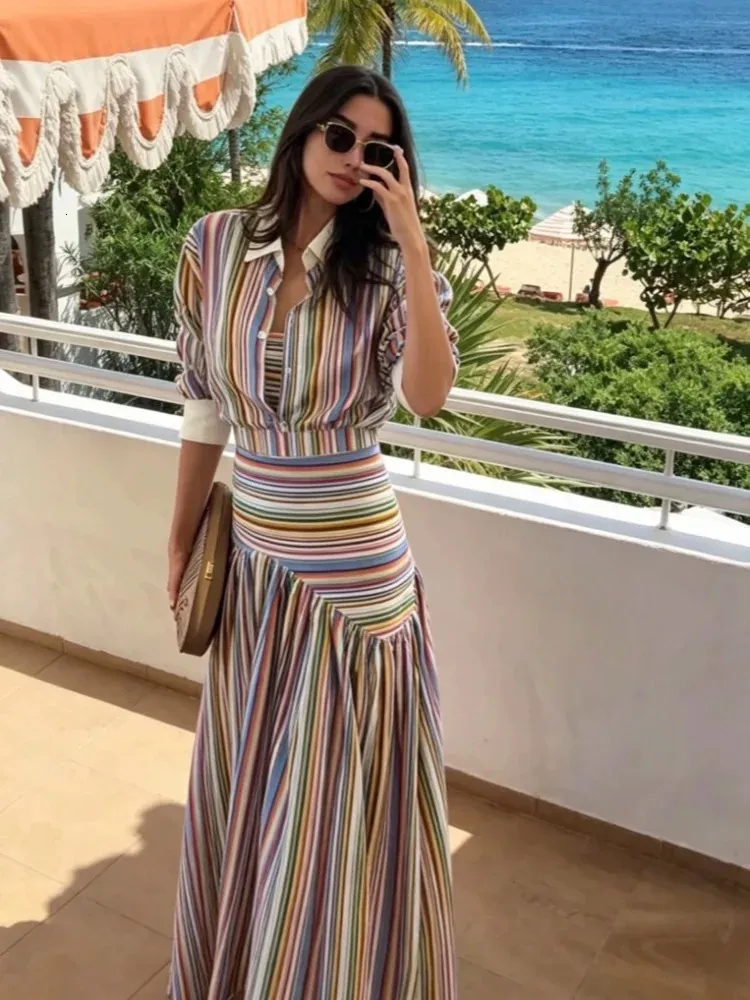 Multicolor Striped Shirt Collar Long Dress Button... From Bai06, Rs.1,858.76