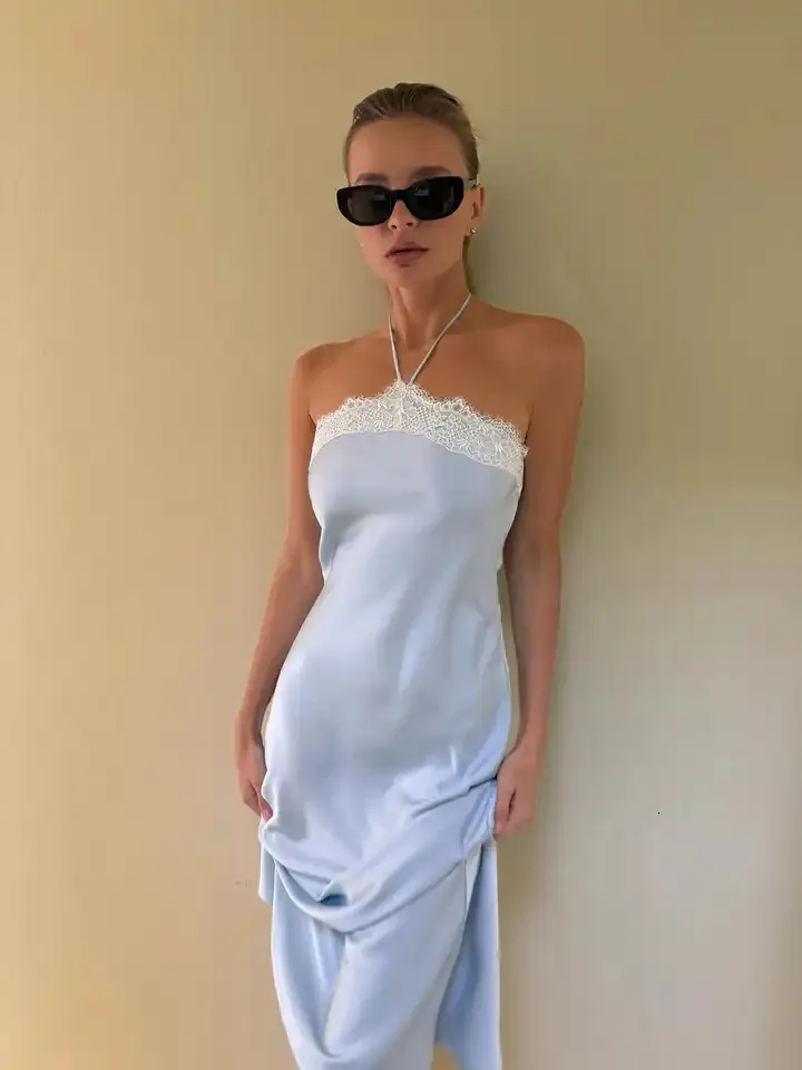 ワンピース Satin Halter Neck Lace Trim Maxi Dr Blue Satin Lace Trim Halter Neck Maxi Dress, From Zara02, Rs