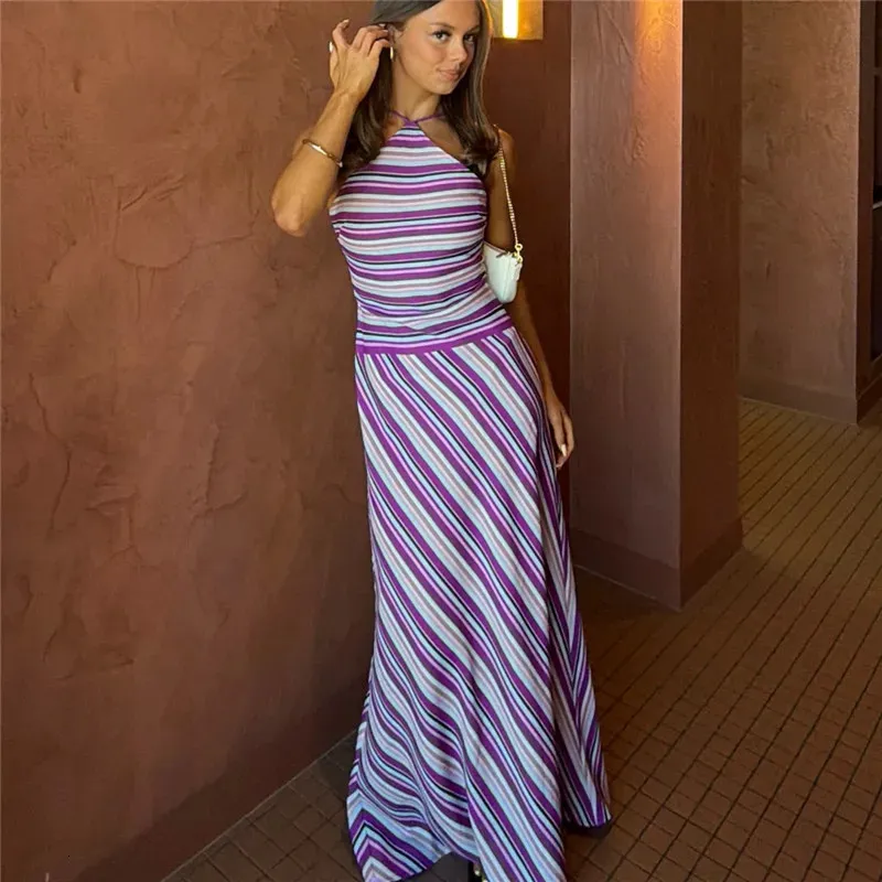 striped maxi dress open back Women's MINKPINK Sancia Blue Stripe Halter Maxi Dress | Size: M