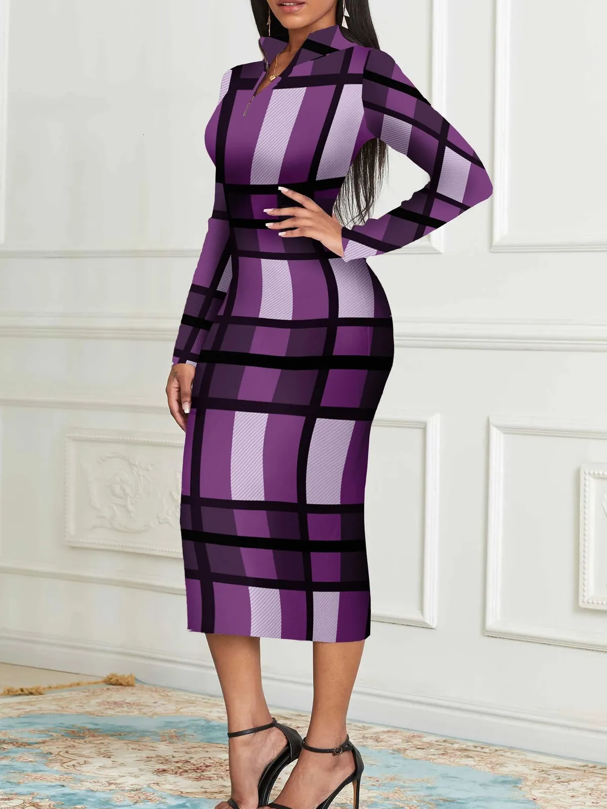 Long Sleeve Purple Zipper Plaid Bodycon Dress Fashion... From Huantong01, Rs.834.89