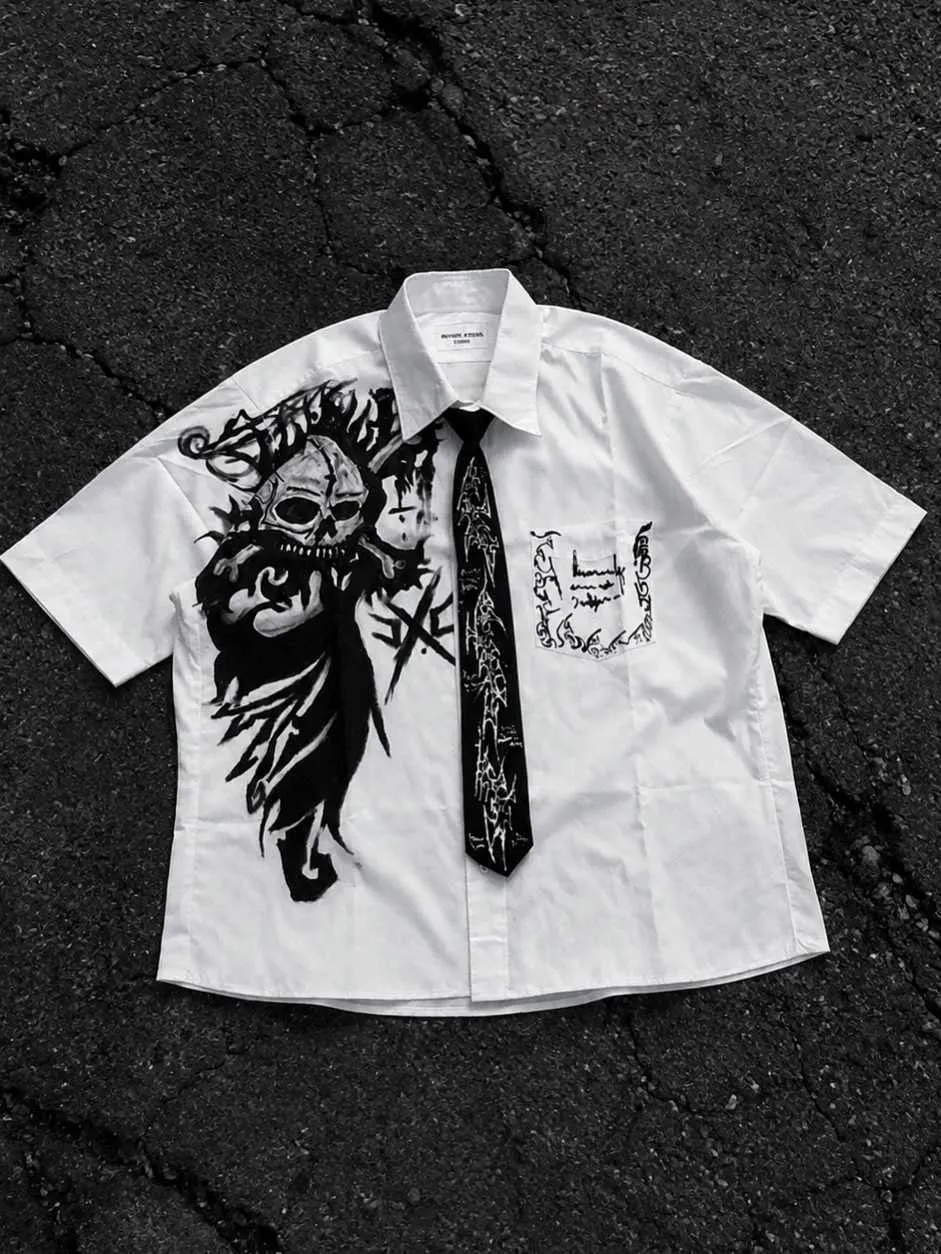 gothic dress men shirt white short sleeve ROMWE Goth Men's Fashionable Casual Shirt, Versatile For Summer size features are Wholesale Short Mens Anime Dark