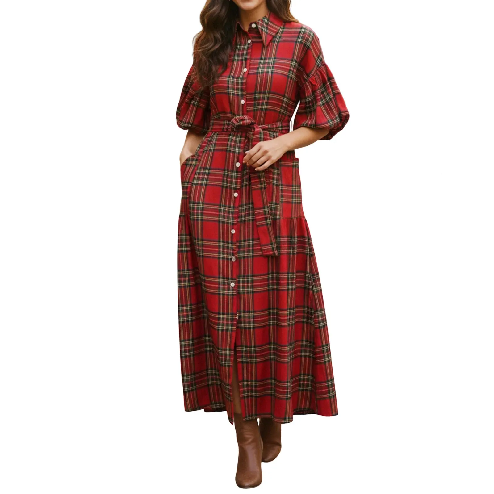 red plaid maxi dress Lace Detail Smocked Small You will find us pairing this with festive heels and gold coin necklaces for a polished look that comes together in seconds Christmas Plaid Maxi Dress Fall