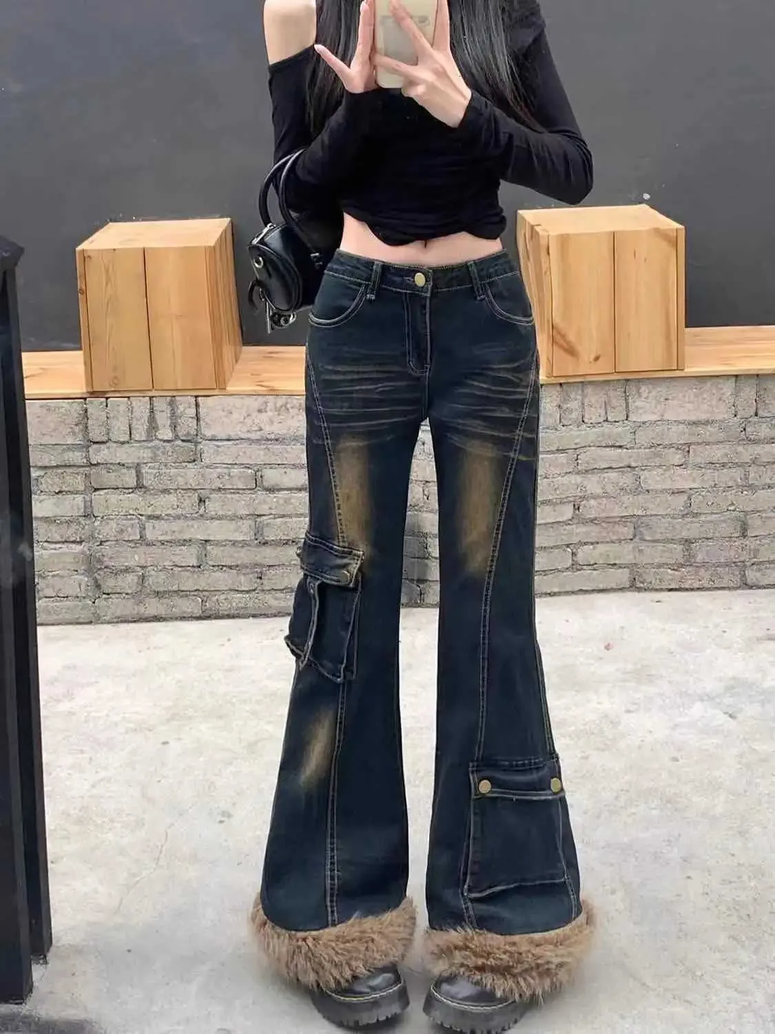 メンズ Vintage Y2K 00s Leather Denim Flare Pant