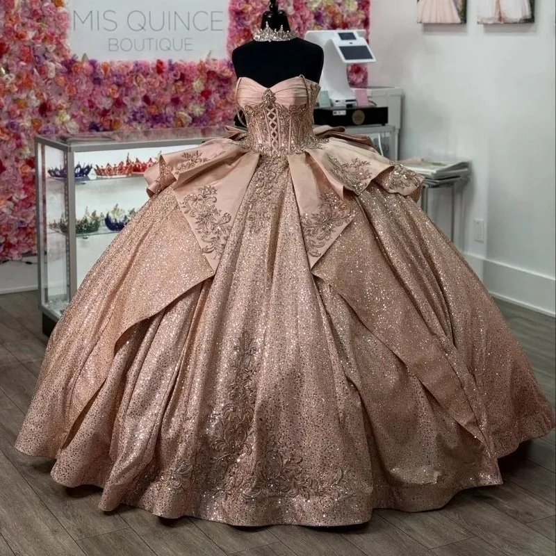 rose gold dress for 15 HOT ! Quinceanera Dresses Gold Modest Floral Rose Gold Applique Sweet 16 Princess Prom Dresses 2022 Charro De Aos Quinceanera Rose Gold quinceaera dress features floral lace appliques Rose Gold Shiny Ball Gown