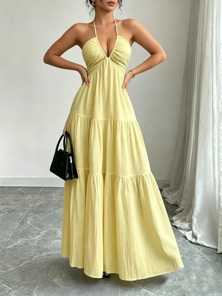 halter maxi dress casual Dresses a fitted waistband Women Halter Maxi Dress Neck
