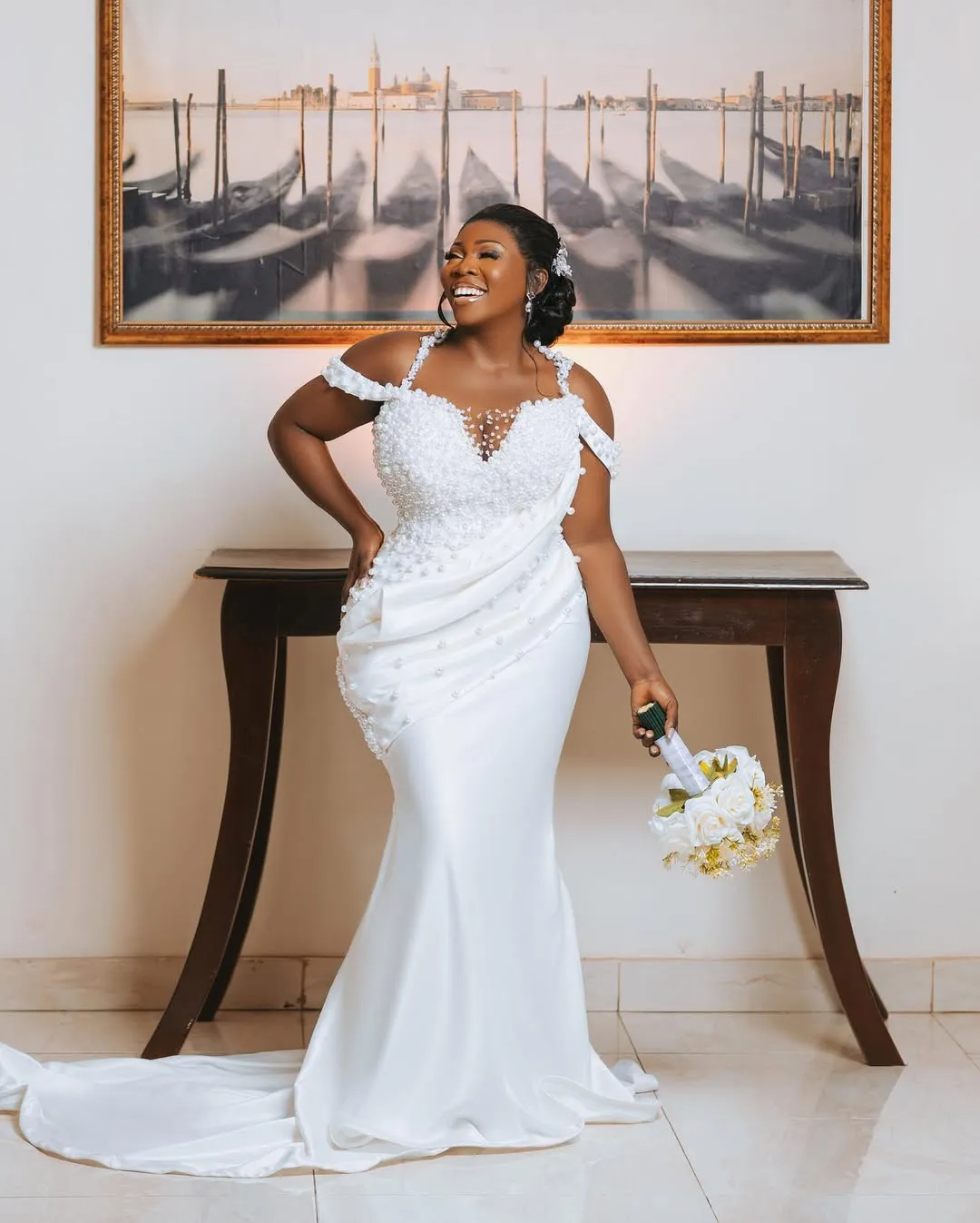 off shoulder plus size white dress Stunning Off-the-Shoulder Long Sleeve Sweetheart Mermaid Wedding With Appliques Lace adorned sleeves with pearls provide a romantic touch Plus Size Wedding Dresses Off