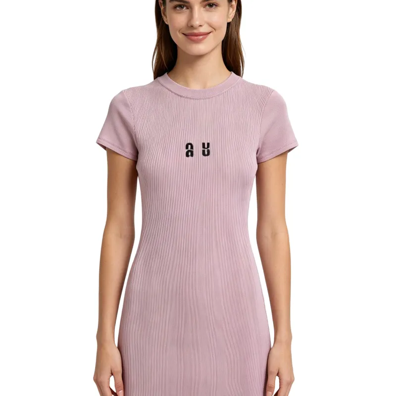 Women Vertical Ribbed Short Sleeve Mini Dress Crew Neck Small Letter Embroidery Slim Bodycon Dress designer luxury Basic Rib Knit Bodycon Mini Dress