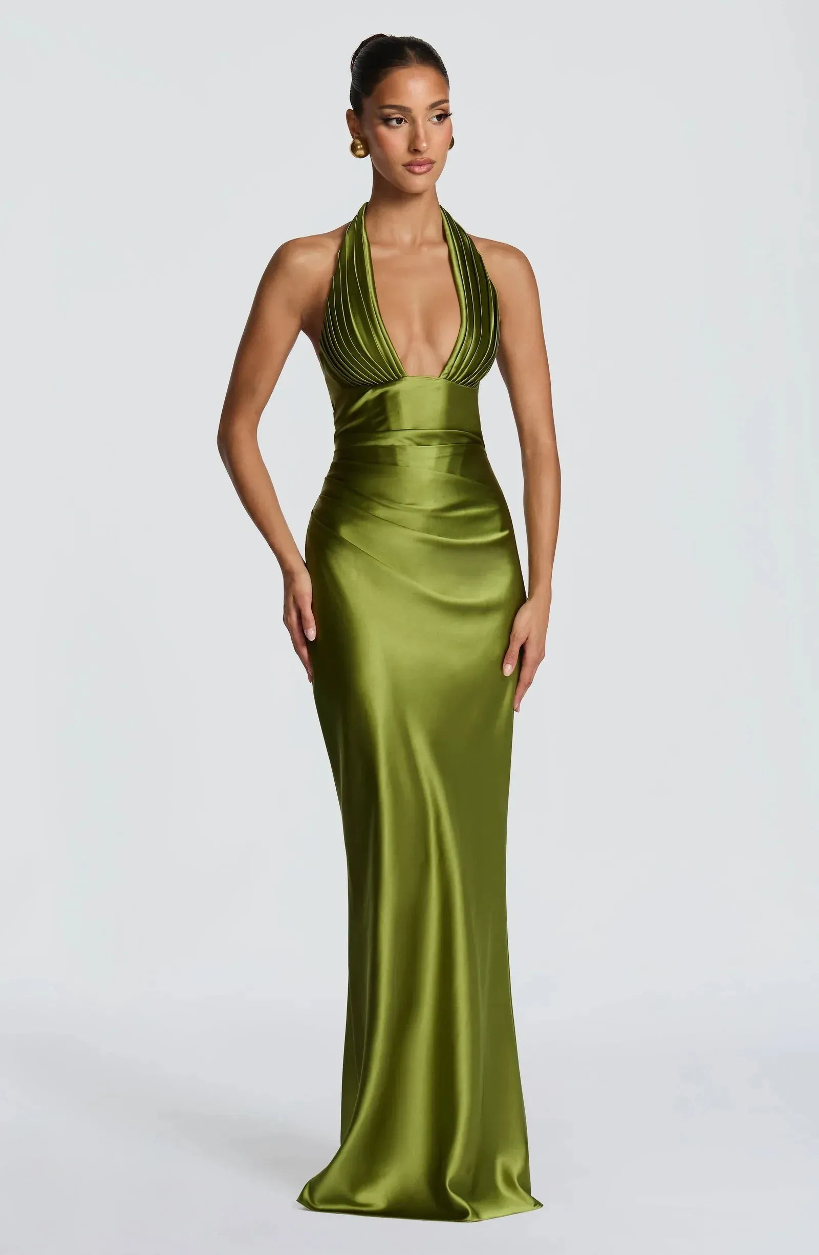 sexy olive green dress Halter Pleats Trumpet/Mermaid Prom or no bra Women's Olive Green One-Shoulder Maxi