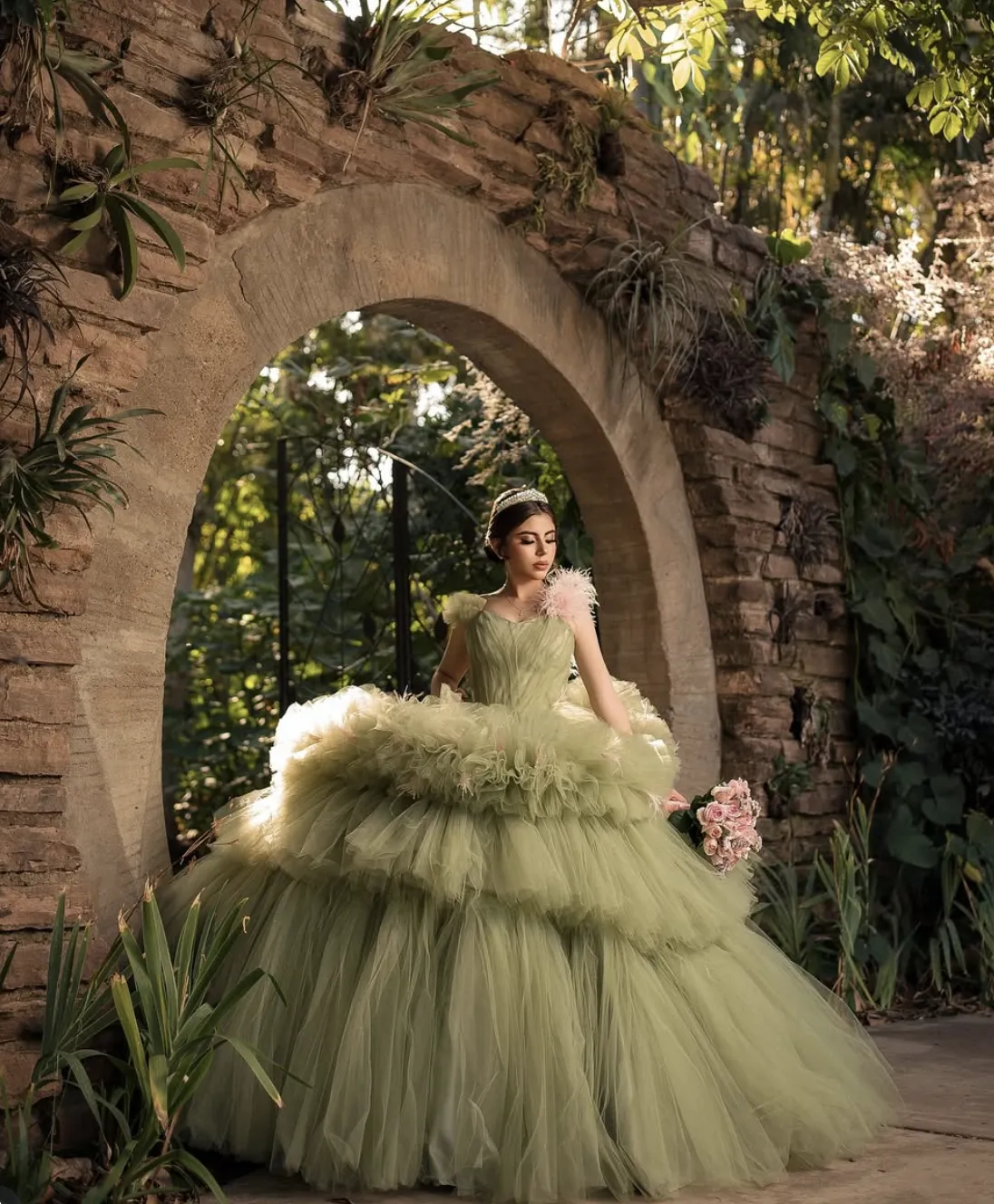 sage green quinceanera dresses Dress With One Sided Pink... From Y0937, Rs.30,026.86 pretty bridesmaid dresses