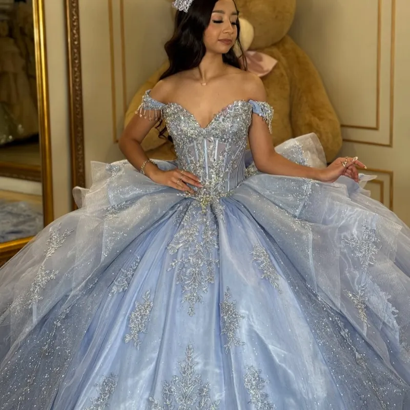 light blue sweet sixteen dresses Shiny Ball Gown Quinceanera Dresses... From Zaomeng321, Rs.31,358.87 Wedding dress