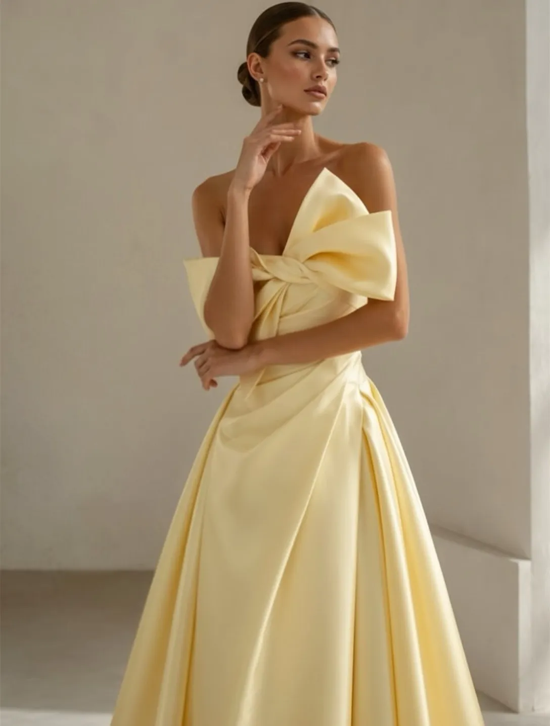 Elegant Long Satin Yellow Evening Dresses With... From Dyy_dress88, Rs.8,042.59
