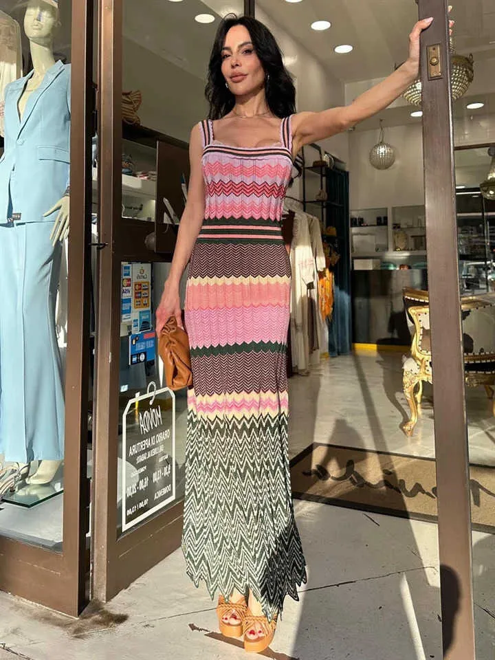 Contrast Patchwork Knitted Women Dresses Square Collar Backless Slveless Bohemian Long Dress Female Summer Lady Beach Robes L26713