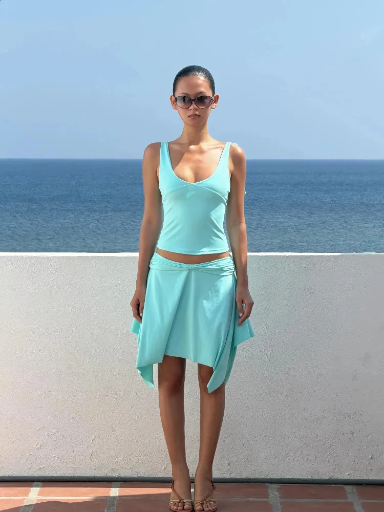 y2k beach dress Women Solid Two Piece Sets Sleeveless UNeck Crop Top Irregular Hem Skirt Casual Holiday Matching Outfits 260713 and warm brown mean display_tag:: Bestseller::#656b55::#ffffff Style:F2503 Navy blue Dress with Fashion