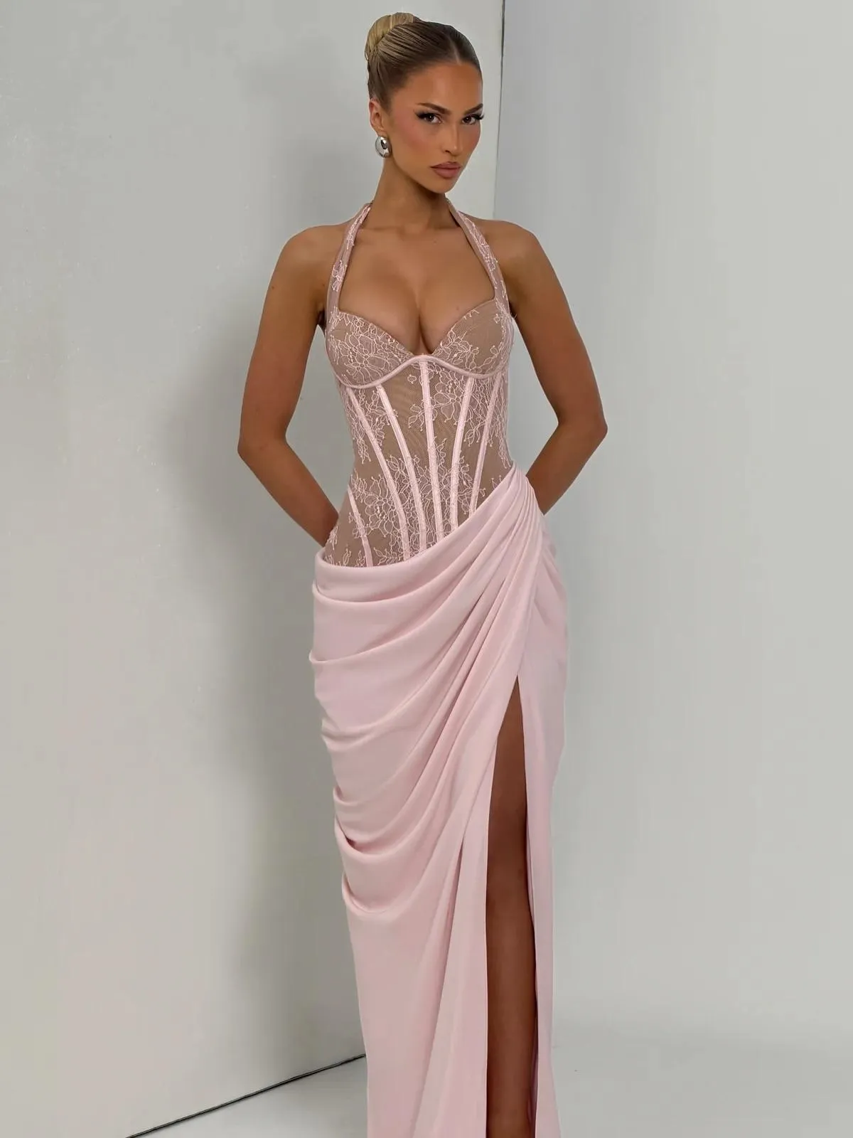 halter top party dress Neck Lace Evening Pink Draped... From Wevens, Rs.12,217.27 BH-W-0101-662