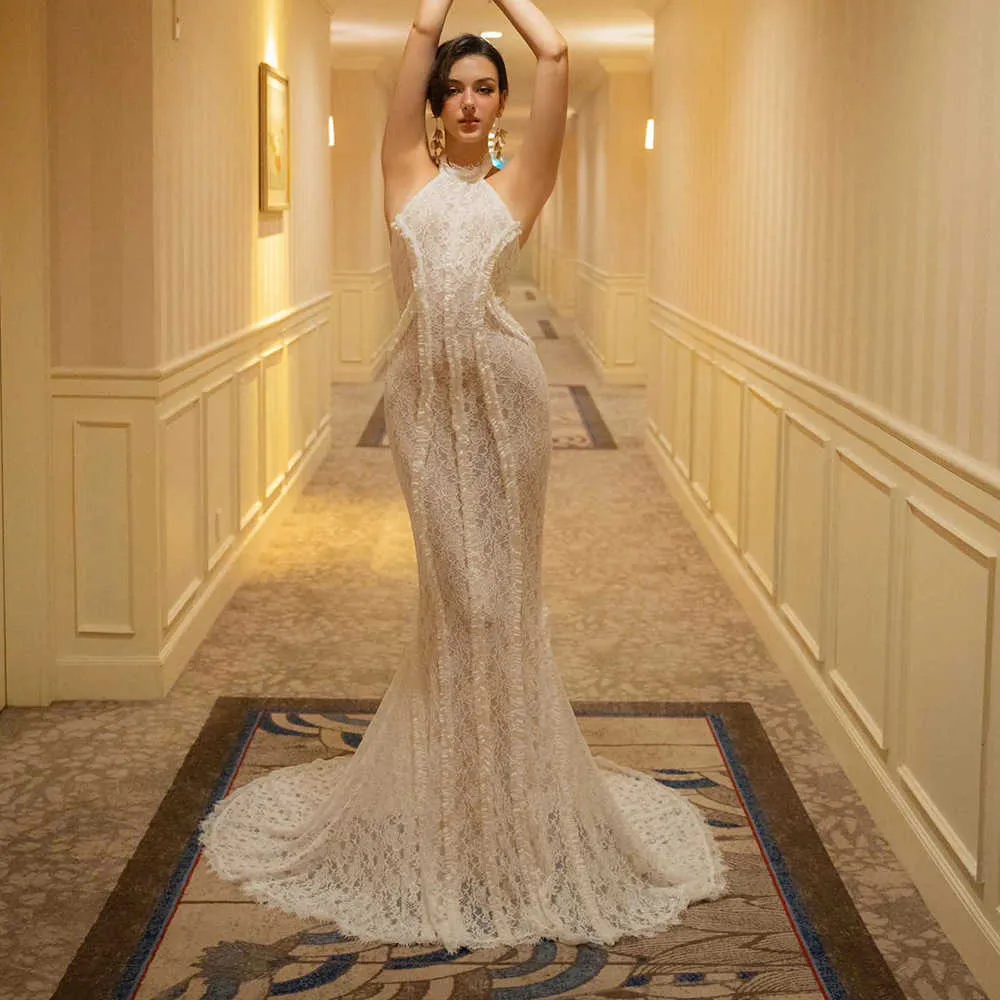 halter corset wedding dress T262057 Elegant Stretch Soft Crepe Fit and Flare Gown with High Neckline and Embroidered Lace Bodice Amina main image 1