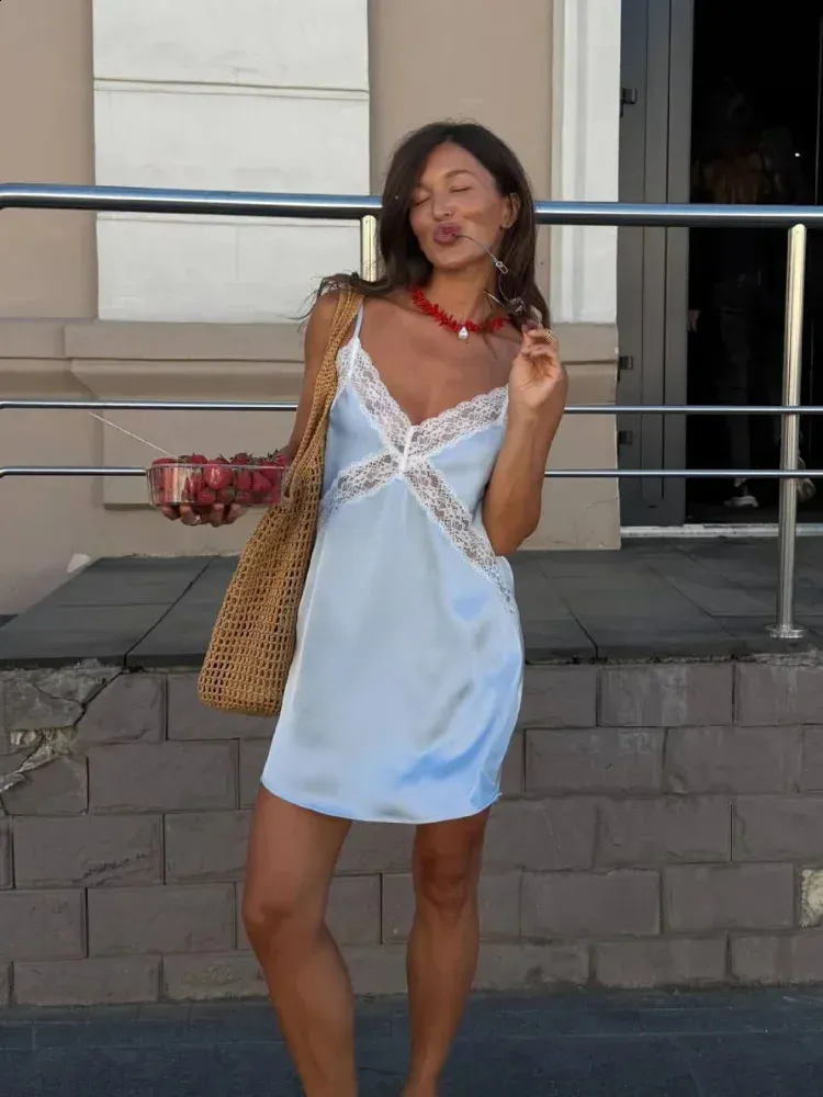 blue slip mini dress Satin Lace for Women, Spaghetti Strap V-Neck Hollow Out Bodycon, Summer Beach Short Gown Color:Forest River Sabrina Carpenter Wears Sheer Lilac Dress Lace dress Hang Or Line Dry