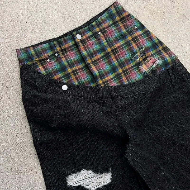 Y2k Slanted Runway Baggy Jeans Retro Plaid Patchwork... From 