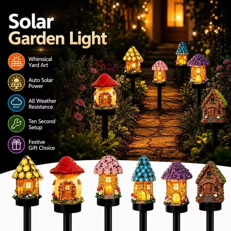 Solar Fairy-Tale Mushroom Cottage Garden Light – Resin LED Pathway Lamp With Auto Dusk-to-Dawn, Weatherproof Outdoor Decor