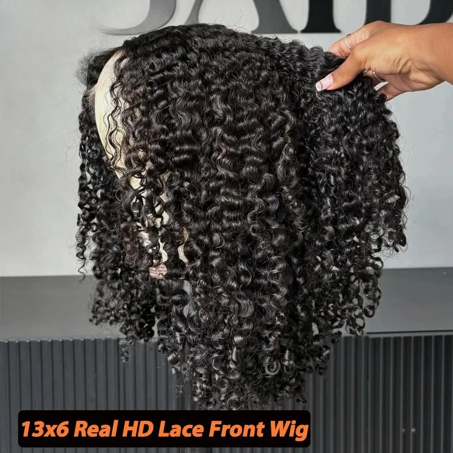 Kinky Curly Human Hair Wigs 250% Density Black HD13x6 