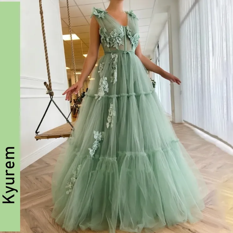 emerald green frill dress Layered Lace Prom sage green evening dress