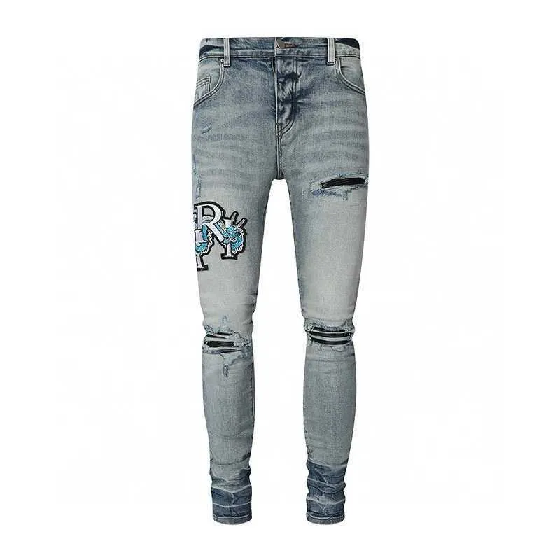 Retro Mens Light Blue Jeans Y2K Fashion High Strt Hip Hop Brand Pants with Perforation Patch Nostalgic Washed Letter Design T260714