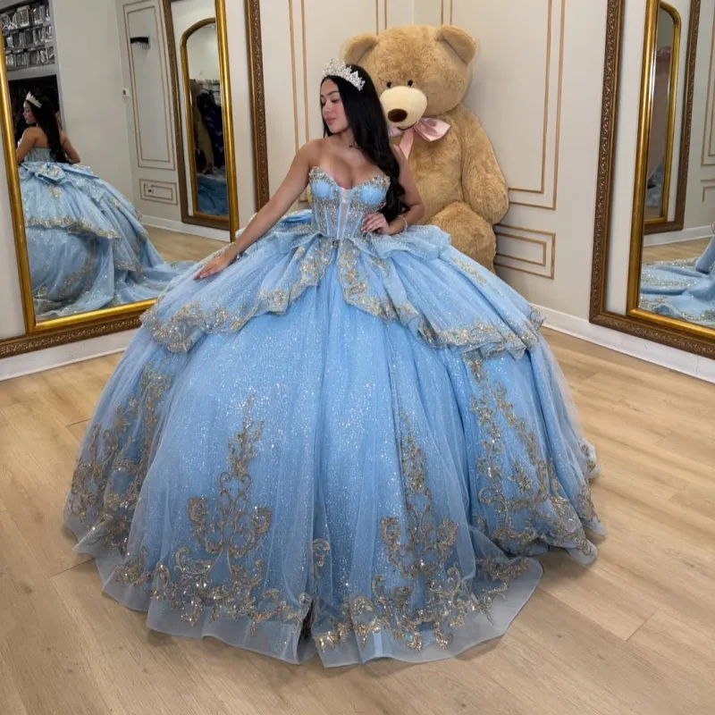 Blue Shiny Ball Gown Quinceanera Dresses Gold... From Zaomeng321, Rs.31,815.81