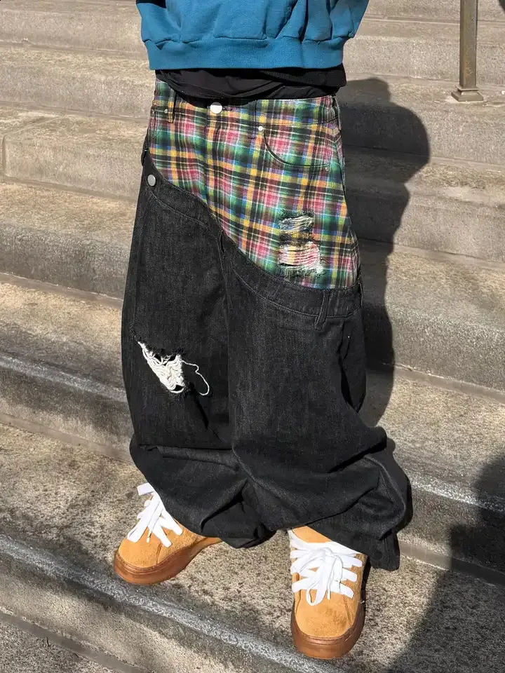 Y2k Slanted Runway Baggy Jeans Retro Plaid Patchwork... From
