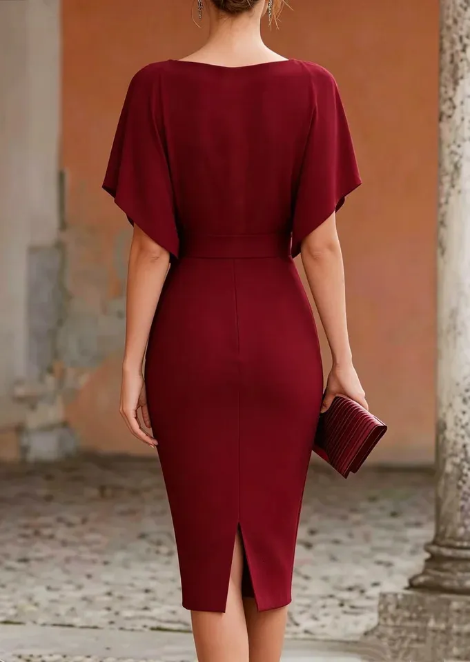 Womens Short Sleeve Midi Dress Cowl Neck Draped Cape Top Bodycon Skirt Elegant Party Evening Cocktail Wear 260715