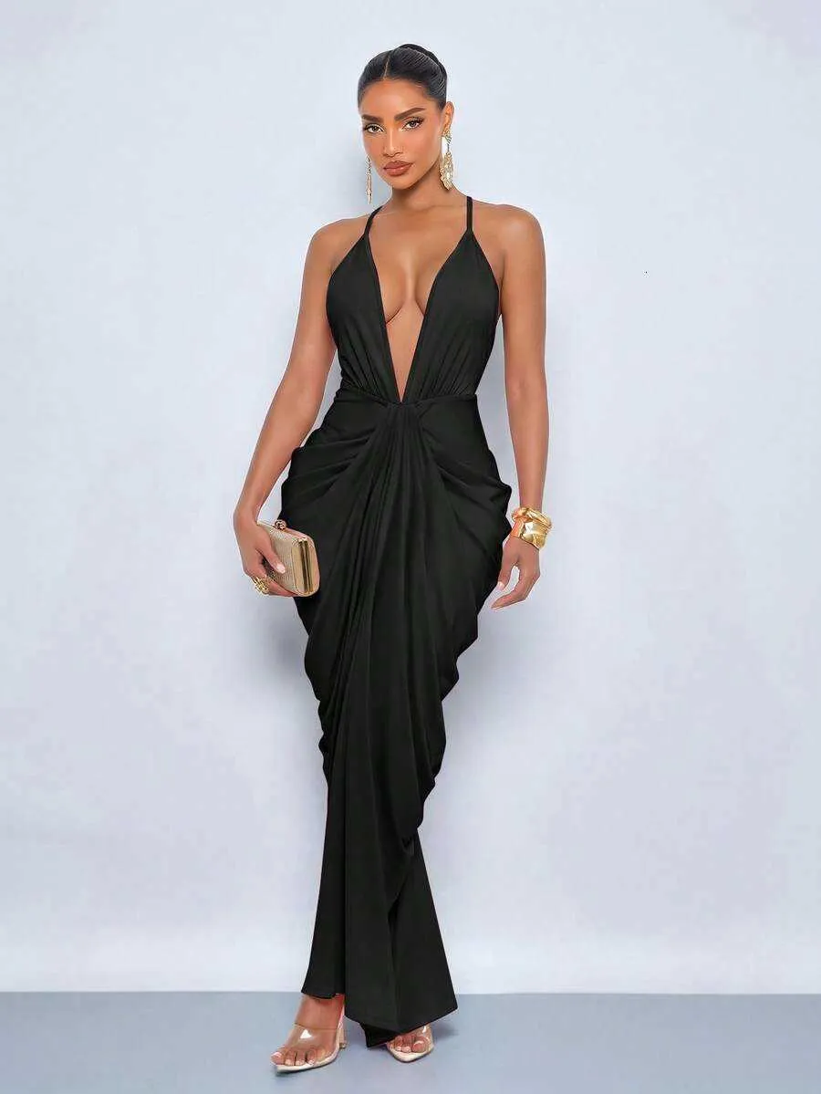 SOLERSUN Womens Halter Deep V Ruched Backless Bodycon Midi Dress Crisscross Cocktail Night Out Party Elegant Black Neck Maxi Gown For Women Summer 