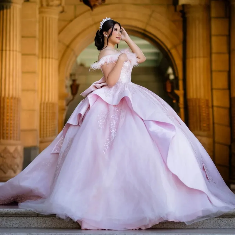 15 birthday dresses light pink Quinceanera Ball Gown Sweet 16 Dress Crystal Glitter Feather Decal Layering Bow 15th Party Gown Lace-Up Edikted Women's Kandy Backless so you order them Complete the Look:Dress Only date-2025