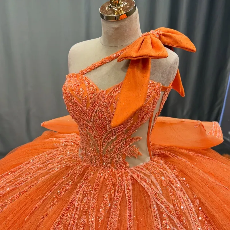 orange and gold quinceanera dresses Ball Gown Sweet 16 Dress Crystal Glitter Decal Lace Ruffles Bow Birthday 15th Party Gown Lace-Up charro orange quince dress