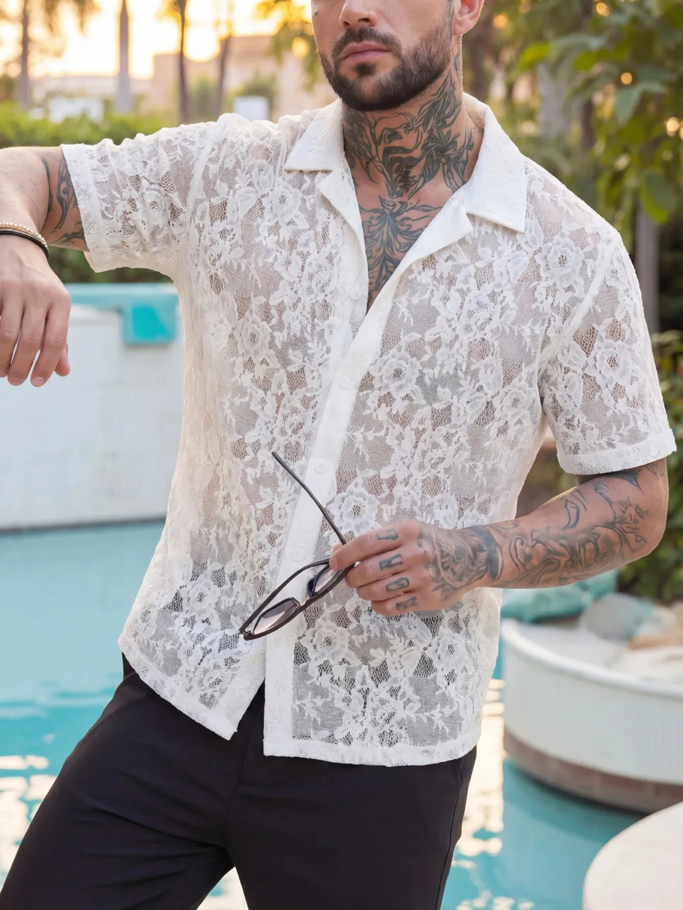 mens see through dress shirt | Iridescent Blue stylish events Mens Clothing Mesh See Through