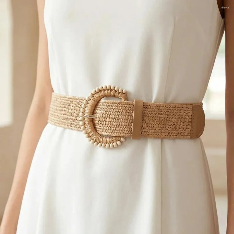 boho belts for dresses Woven Stretch Beaded Round Buckle Belt BEIGE Vegan leather Belts Retro Womens Boho Clothing
