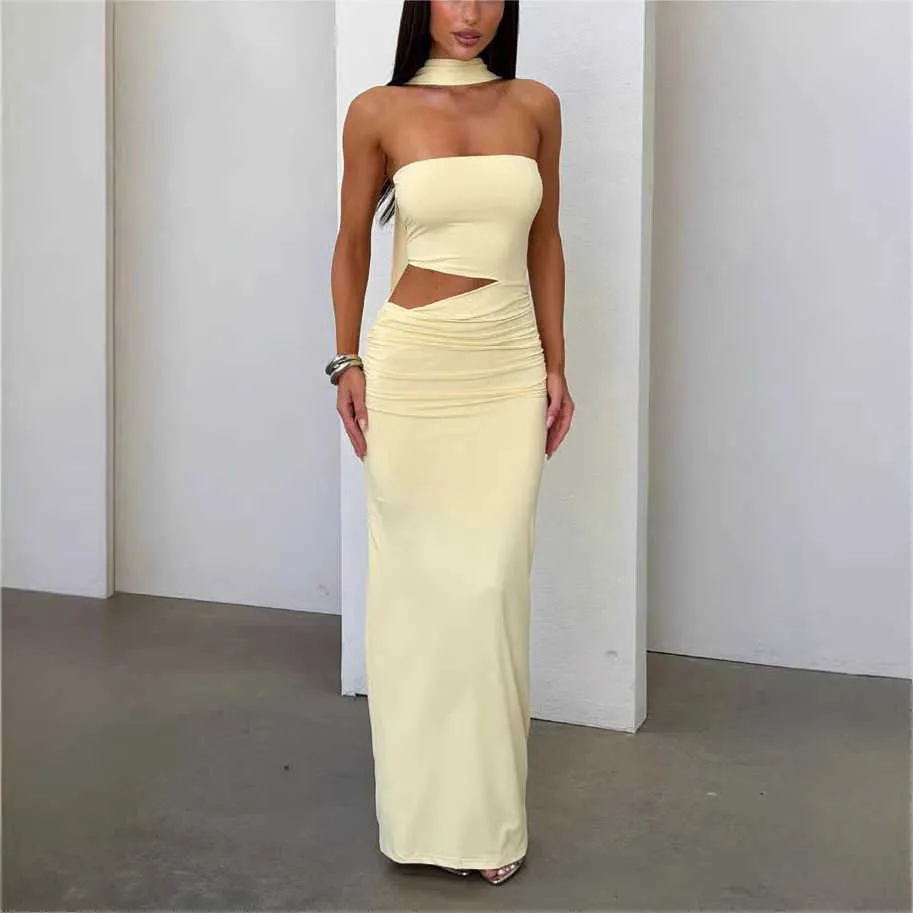 halter tube dress Hot girl neck top set hollowed-out waist-cinching bodycon long with a stylish vibe new summer model L26715 Halter maxi dress