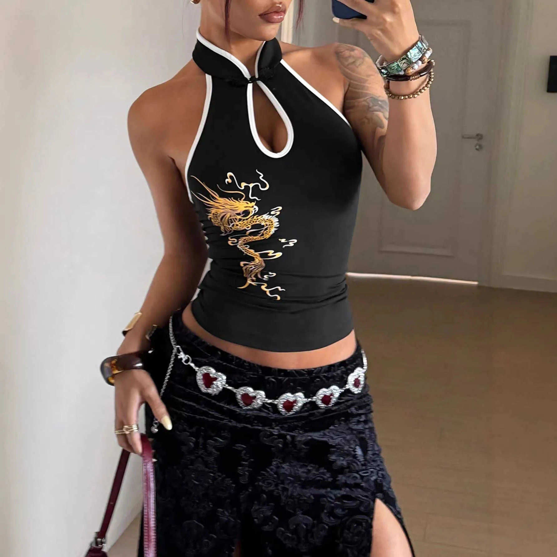 Tシャツ・アパレル Dragon Girl Halter Tank Top 2026 Chinese Style Golden Dragon Print Halter Neck From Jantizw