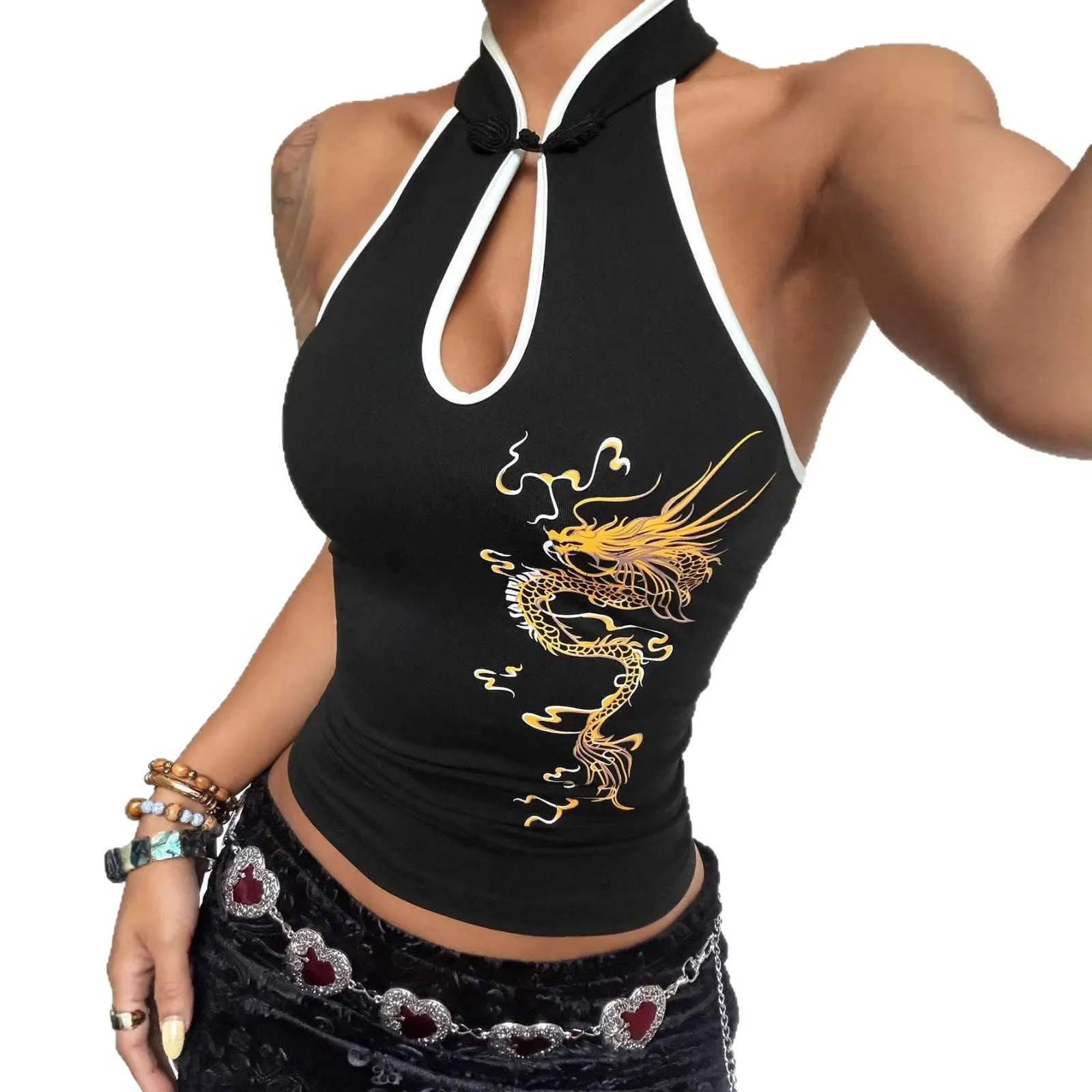Tシャツ・アパレル Dragon Girl Halter Tank Top 2026 Chinese Style Golden Dragon Print Halter Neck From Jantizw