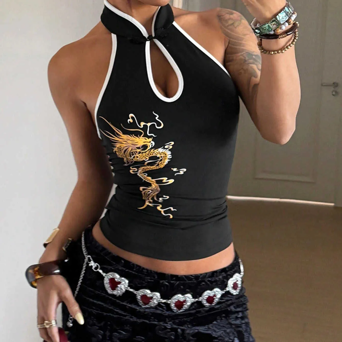 2026 Chinese Style Golden Dragon Print Halter Neck From Jantizw