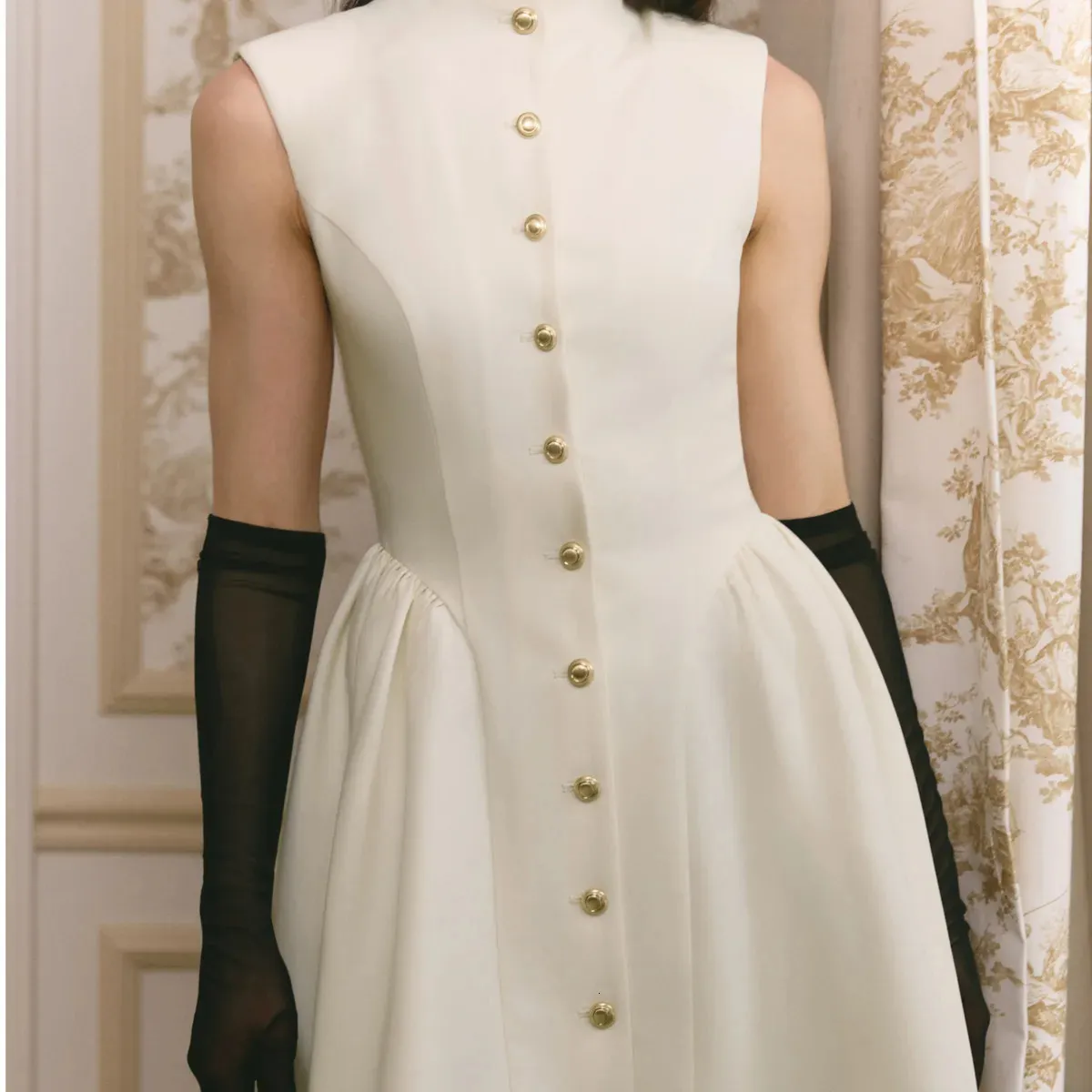 vintage formal mini dress KT Elegant For Women Stand Collar Sleeveless Gold Button Fitted Waist Flare Hem Daily Party Dresses 260715 elegant 1950s formal dresses