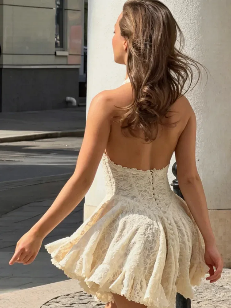 Lace Halter Mini Dress for Women, Sexy Deep V Neck, Backless Design, Ruffle Skirt, Slim Fit A-Line, Summer Vacation Cocktail Party Dress