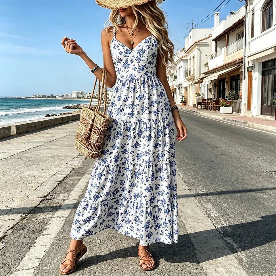 maxie dress summer blue boho Women Floral Spaghetti Strap Maxi Back Tie Bow Tiered Ruffle Sundress Beach Long Dresses Casual Vacation 260715 Size:5-6y FA25 lace mini black dress Backless dress this dress is perfect