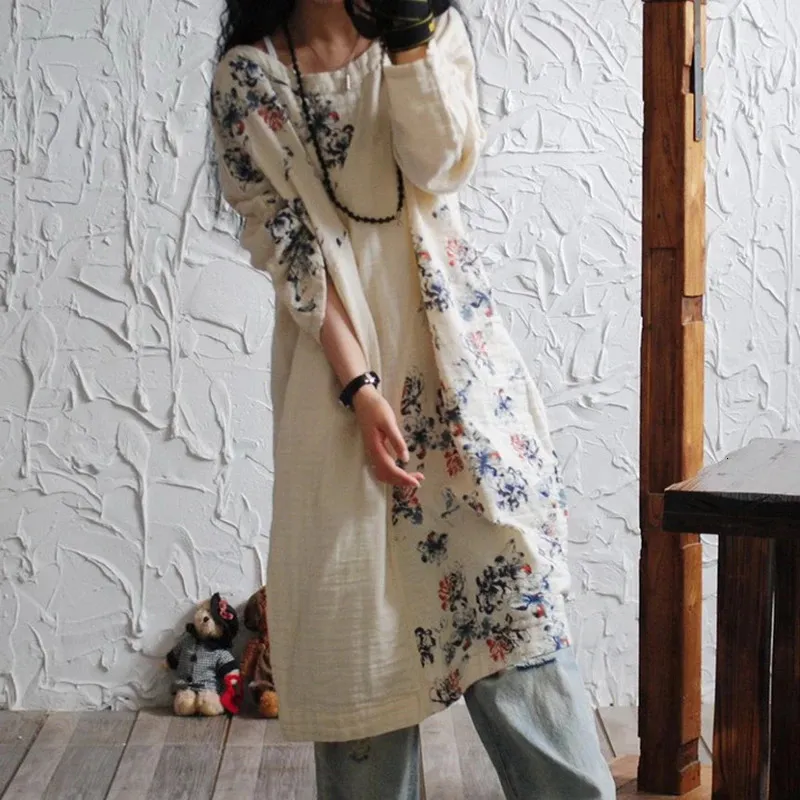 johnature boho dress Women Cotton Line Dresses O-Neck Long Sleeve Print Floral Loose Clothes 2026 Spring Chinese Style Vintage 260715 crafted from soft double dress-ruffle REISS AMAYA Dress in Hire Days:8 Days