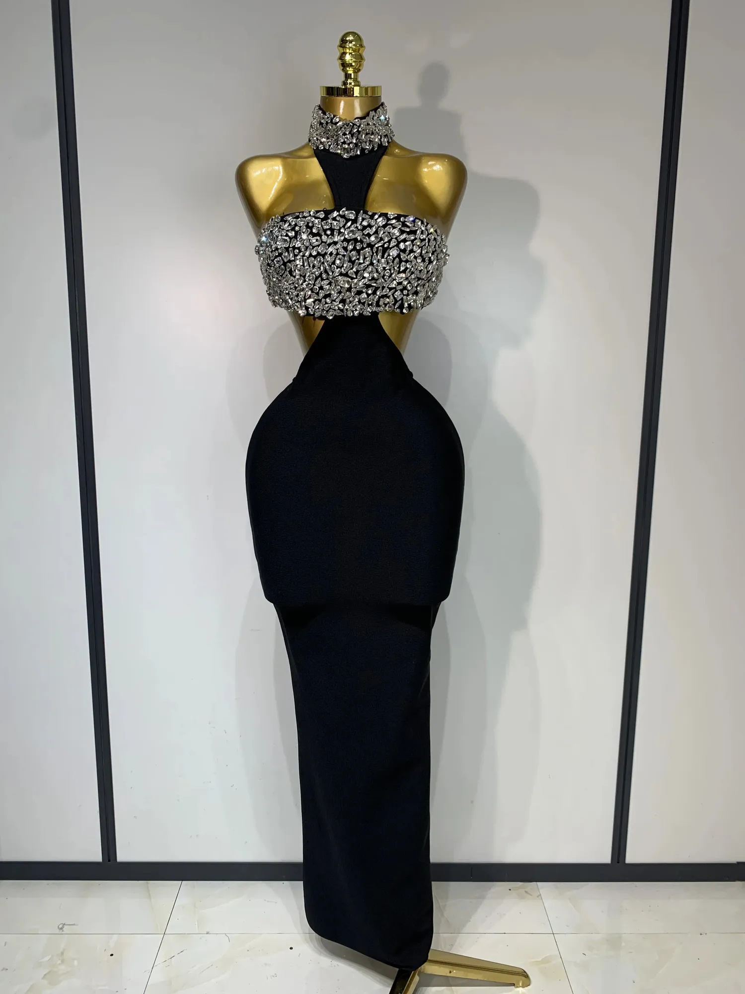 Women Sexy Backless Sparkly Crystal Diamonds Black Bodycon Bandage Dress Celebrity Elegant Evening Club Party Birthday Dresses 260715