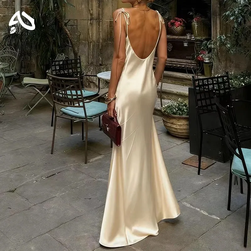 Original Womens Satin Champagne Dress Sleeveless Sexy Backless Evening Dresses Guest Elegant Bridesmaid Long Evening Gown 260715