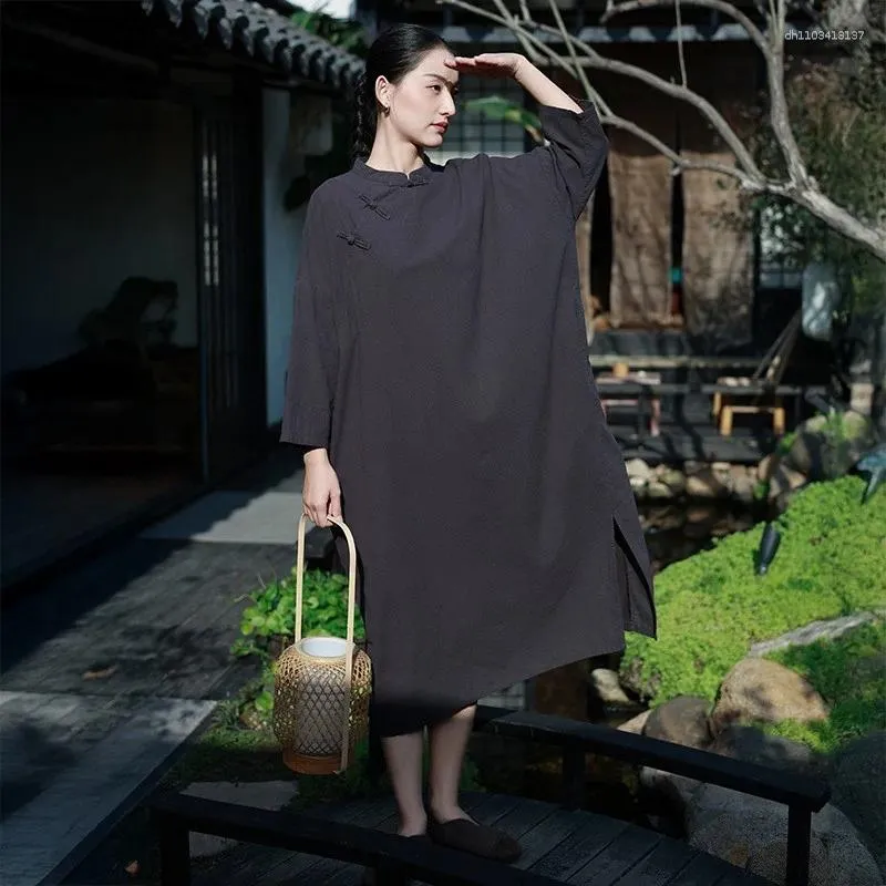 johnature boho dress Casual Dresses Women Chinese Style Cotton Stand Long Sleeve Robes 2026 Spring Solid Color Button A-Line Vintage Color:Santa Fe Wedding Dress Under 500 Pretty Blue Embroidered Suit The Boho High Low