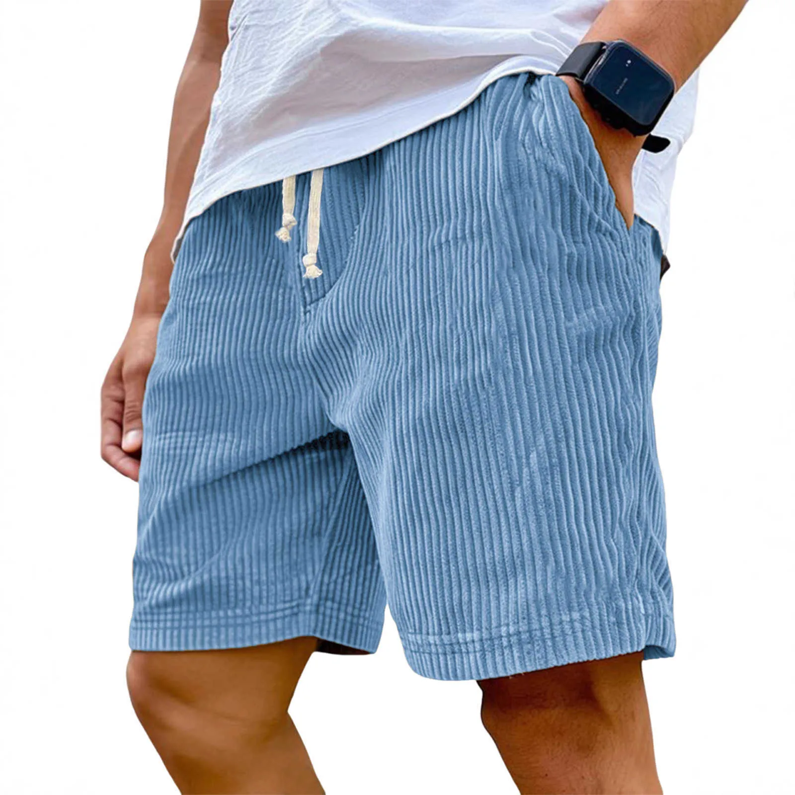 130092 Thick Corduroy Mens Solid Color Drawstring Loose Shorts L26716