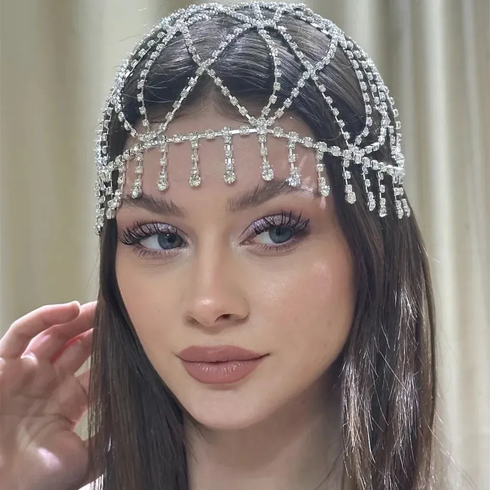 Tassel Rhinestone Cap Headpiece Crystal Head Chain Hair Jewelry Flapper Wedding Amazon.com : BABEYOND 1920s Crystal Cap Rhinestone Head  main image 3