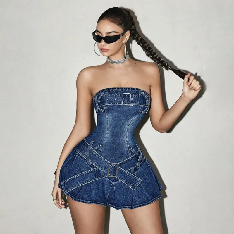 Women Strapless Denim Mini Dress Double Buckle Belt... From Icedlemon, Rs.3,026.75 In Bulk