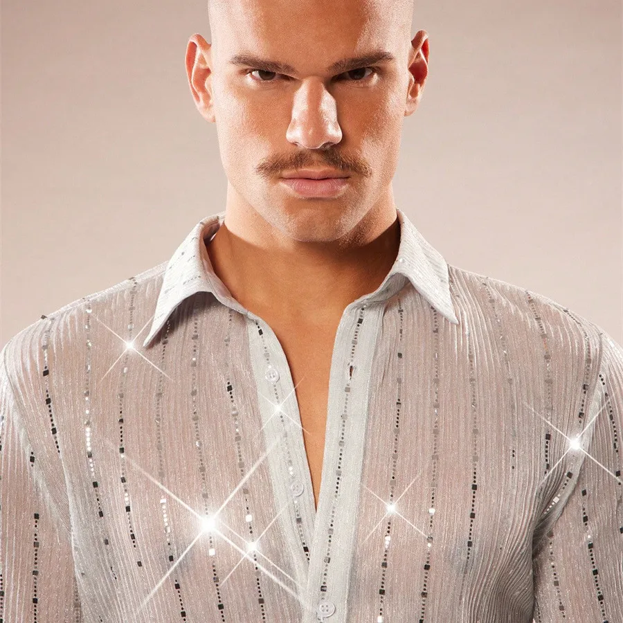 mens see through dress shirt Floral Mesh Sheer Long Sleeve Button Down See-Through Top Blouse M-XL New Rave Gear for Guys Mens Sparkly Rhinestone Sheer Mesh